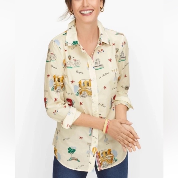 Talbots Classic Cotton Shirt Scenic France Print Button Down Blouse XL - Picture 1 of 12